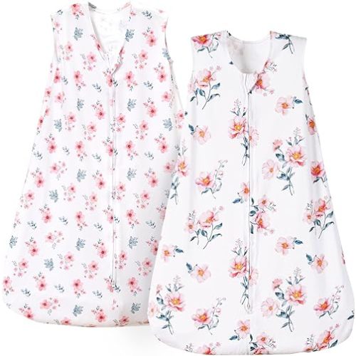 100% Organic Cotton Baby Sleep Sack, 2-Way Zipper Baby Wearable Blanket, 0-6 Months TOG 0.5 Toddler Sleeping Sack, 2 Pack Sleeveless Soft Sleeping Bags for Baby Boys Girls, Small, Floral
