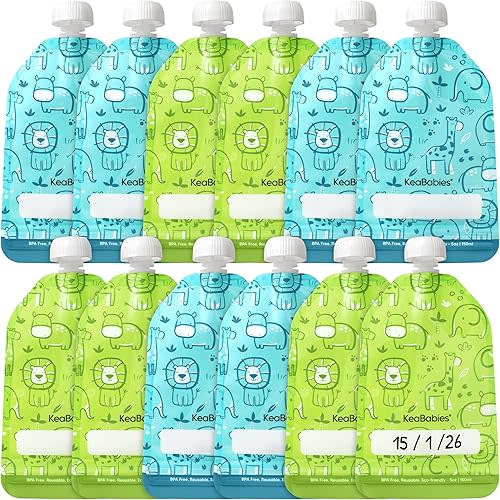 12-Pack Reusable Baby Food Pouches Refillable – 5oz Reusable Pouches for Toddlers, Kids Squeezable Yogurt, Apple Sauce, Fruit Smoothie, Baby Puree Container, Homemade Baby Food Essentials (Little Zoo)