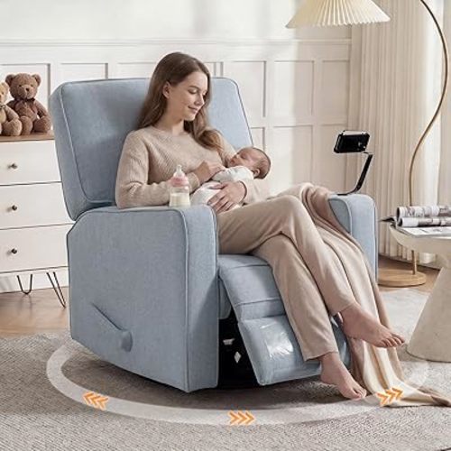 360° Swivel Rocker Recliner Chair with Adjustable Footrest, Rocking Chair Nursery with Phone Stand & Cup Holder,Manual Nursing Chair Glider Recliner Armchair for Adults, Living Room (Blue)