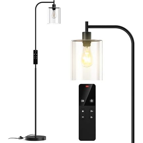 Industrial Floor Lamp with Glass Shade, Modern Dimmable Floor lamp with Remote LED Bulbs, Tall Lamp for Living Room Corner, Bedroom, Office (Black)