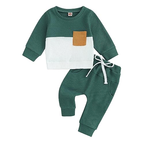 Toddler Baby Boy Fall Clothes Waffle Contrast Color Sweatshirt Pants Sets Infant Winter Outfits 6 12 18 24 Months
