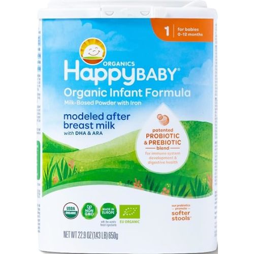 Happy Baby Organics Stage 1 Infant Formula, 0-12M, Modeled After Breast Milk, USDA Organic, Probiotics & Prebiotics, Iron & DHA, 22.9oz