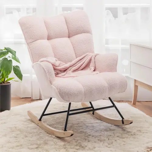 Rocking Chair Nursery Teddy Upholstered Glider Rocker Rocking Accent Chair Padded Seat with High Backrest Armchair Comfy Side Chair for Living Room Bedroom Offices (Pink Teddy)