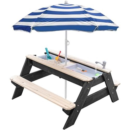 Kids 3-in-1 Sand & Water Table, Wood Outdoor Convertible Picnic Table w/Umbrella, 2 Trays, Removable Top with Faucet, Picnic Table for Outdoor (Black/Navy)