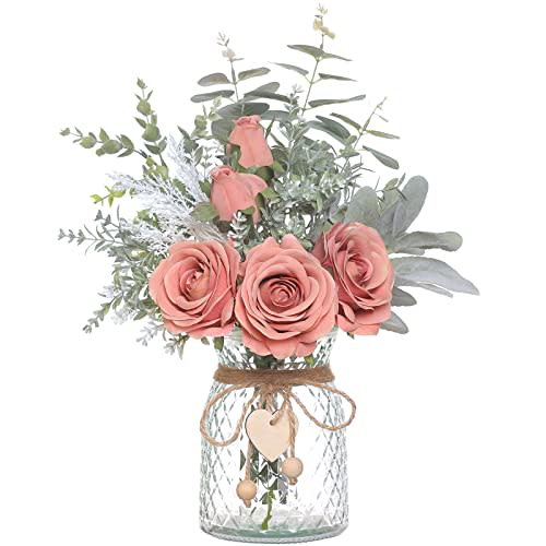 Faux Flowers with Vase,Artificial Silk Roses in Vase, Fake Plant Eucalyptus Flower Arrangement for Home Office Farmhouse Bathroom Dining Table Centerpiece Decorations Coffee Table Decor (Dusty Pink)