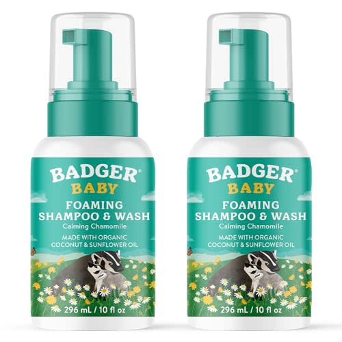 Badger Foaming Baby Shampoo and Body Wash, Gentle Organic Baby Wash w/Mild Calming Scent of Chamomile, Long Lasting Foam & Easy to Use Sustainable Bottle, 10 fl oz, 2-Pack