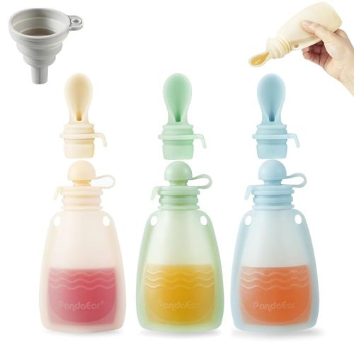 PandaEar 3 Pack Silicone Baby Food Pouches, Reusable Squeeze Pouches for Toddler with 3 Silicone Puree Feeder Spoon, BPA-Free Silicone Refillable Infant Food Storage, 5 oz (Beige&Blue&Green)