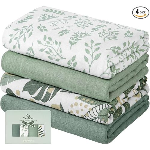 Yoofoss Muslin Swaddle Blankets, 4 Pack Receiving Blankets for Boys and Girls, 47 x 47 Inches Muslin Baby Blankets Soft Breathable - Green