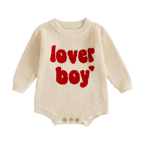 Lesimsam Newborn Baby Boy Valentines Day Outfit Lover Boy Embroidery Knit Sweater Romper Long Sleeve Bubble Bodysuit