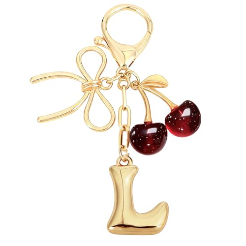 Snycler Bubble Initial Keychain with Bow & Cherry - Gold Letter Bag Charms for Women, Cute Purse Handbag Accessories
