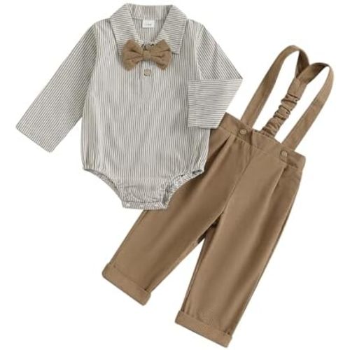 Newborn Baby Boy Fall Outfit Bow Tie Formal Stripe Long Sleeve Romper Corduroy Overalls Suspender Pants Set