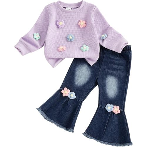 FYBITBO Toddler Baby Girl Clothes Fall Winter Baby Girl Outfit Floral Sweatshirt Bell Bottom Jeans Pants Spring Clothing