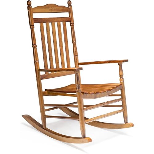 VINGLI Wooden Rocking Chair, Outdoor Chair with 450 lbs Support, Relaxing Rocker with Solid Wood High Back Seat Reclining Seat for Deck, Garden, Backyard, Porch, Indoor or Outdoor Use (Teak, 1PC)