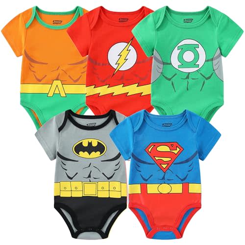 WARNER BROS Justice League Batman, Superman, Flash, Aquaman and Green Lantern Baby Boys 5 Pack Creepers for Infants