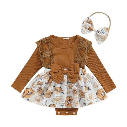 CIYCUIT Baby Girl Fall Winter Outfits Floral Romper Dress Ruffle Long Sleeve Clothes with Bow Headband