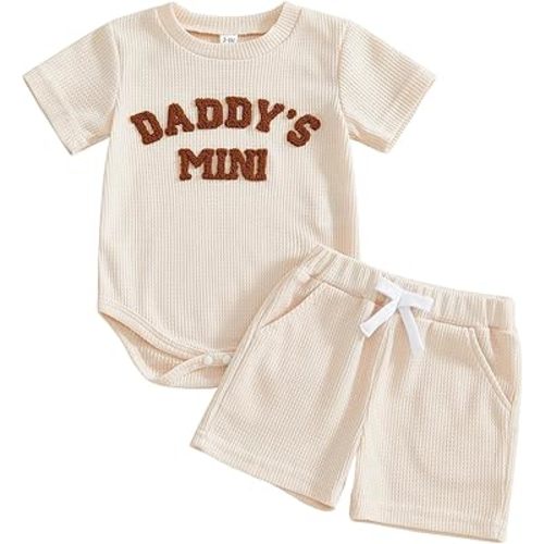 Kupretty Baby Boy Clothes 3 6 12 18 Months Summer Outfit Daddy's Mini Embroidery Waffle Short Sleeve Romper & Shorts Set