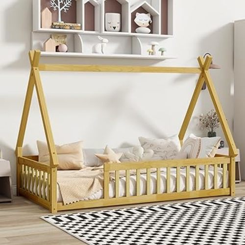 Mirightone Floor Bed for Kids, Twin Size Teepee Tent Beds, Montessori Floor Bed with Slats and Fence Rails, Wood House Bed Frame for Boys Girls, Natural
