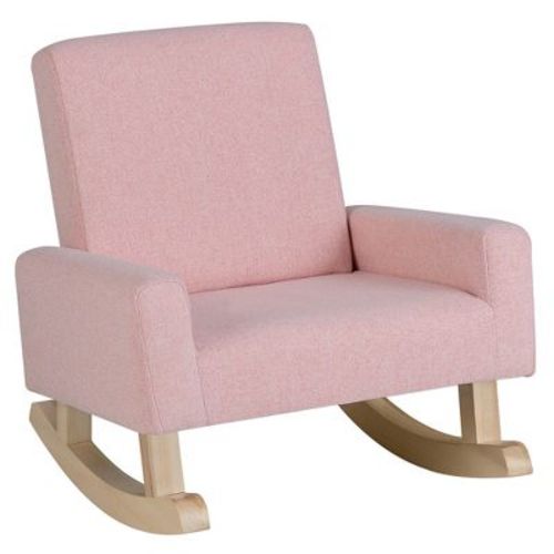Costway Kids Rocking Chair Children Armchair Linen Upholstered Sofa w/ Solid Wood Legs Pink