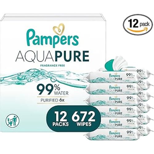 Pampers Aqua Pure Baby Wipes, 99% Water, Fragrance Free, 672 Baby Wipes Total (12X Flip-Top Packs) [Packaging May Vary]