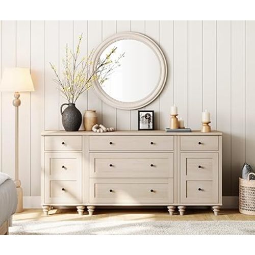 WAMPAT Dresser for Bedroom with 5 Drawers and 2 Storage Cabinet, End Table with Charging Station for Living Room, Mid Century Modern Kids Dressers with Wide Chest of Drawers for Nursery, Light Oak