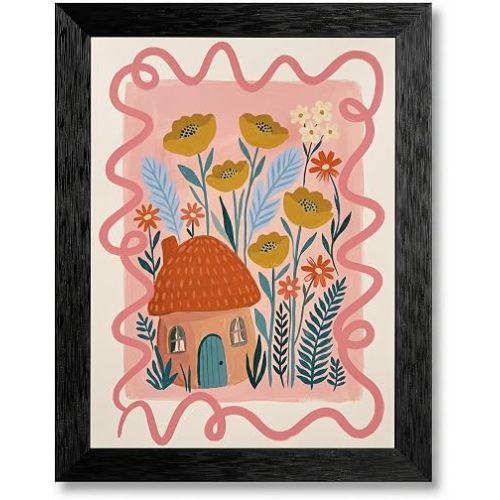 Framed Canvas Wall Art Modern Folk Art Whimsical Cottage Mustard Wildflowers Pastel Pink Terracotta Gouache Canvas Print Poster Black Frame Wall Decor for Bedroom, Cottagecore Art - Inch 8x10
