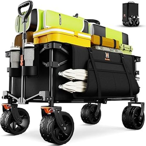 Navatiee Big Wheels Collapsible Wagon Cart Foldable, Heavy Duty Beach Wagon with Silent All-Terrain Wheels, Folding Utility Grocery Cart with Side Pocket and Brakes for Camping Garden Sports, Black