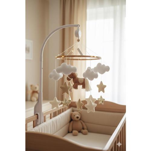 Baby Mobile Horse and Clouds, Felt Stars Nursery Decor, Neutral Baby Gift, Crib Mobile for Boy or Girl, Boho Baby Room