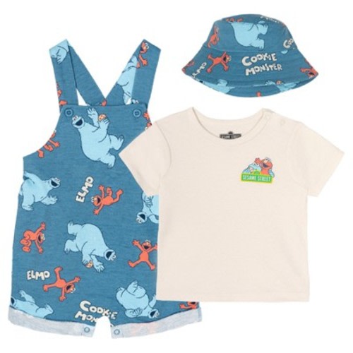 Sesame Street Baby Boys' Short Sleeve Graphic Tee and French Terry Overalls Outfit with Sun Hat Elmo Cookie Teal 3-6 Months