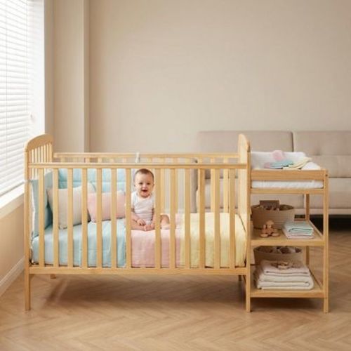 LOVSON 2-in-1 crib with changing table, space-saving design, classic style, safe and eco-friendly,Natural