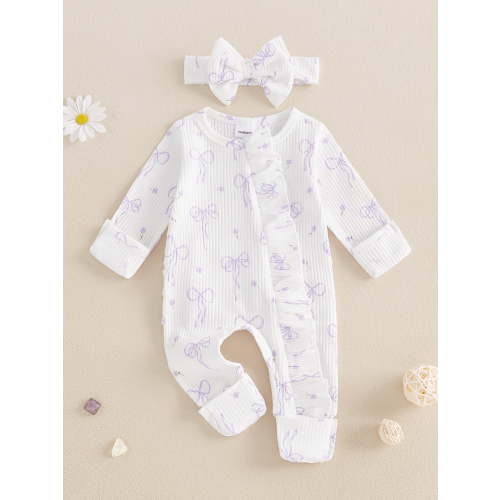 Loicainy Newborn Baby Girl Spring Fall Romper 3 6 Months Bow Print Long Sleeve Full Length Zipper Front Ribbed Jumpsuit Bow Headband 2Pcs Set