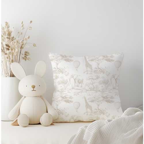 Chinoiserie Toile de Jouy Safari - BEIGE Pillow, kids square throw pillow decor, Children's Room Decor, Cotbed bedding, Hot air balloon