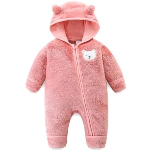 Newborn Baby Fleece Jumpsuit Unisex Infant Bear Hooded Onesie with Mitten Cuffs Winter Warm Snowsuit Outfit