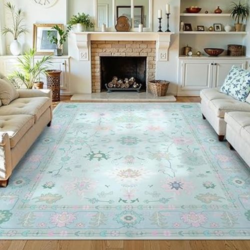 LIVEBOX Washable Oushak Rug Non Slip 8 x 10 Rugs for Living Room, Soft Turkish Rug for Bedroom, Boho Floral Mat Large Indoor Carprt for Kids Nursery, Dining Room, Home Office, Blue