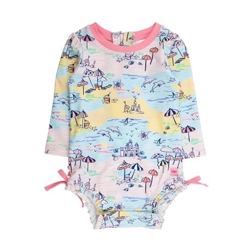 RuffleButts Baby Girls Novelty Baby One Piece - Rash Guard Swimsuit UPF 50+ | Premium Quality, 4-way Stretch, Snap + Zipper Closure, Long Sleeves, Hand Wash, UPF 50+ Sun Protection