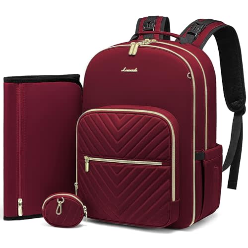 LOVEVOOK Diaper Bag Backpack, Quilted Baby Bag with Changing Pad & Pacifier Holder, Waterproof Travel Diaper Bags for Baby Boys Girls, Stylish and Large Capacity,Wine Red