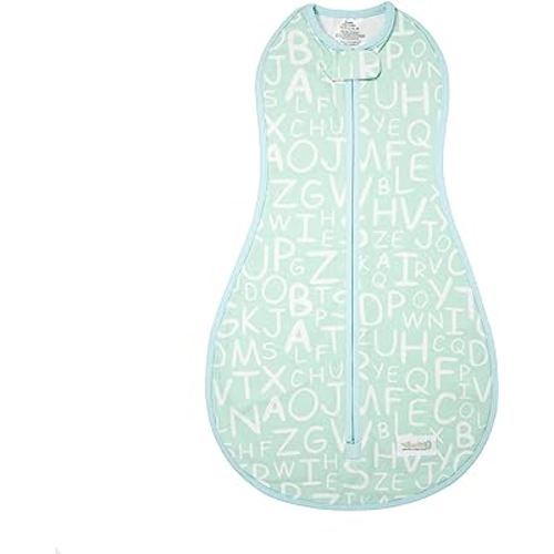 Woombie Original Baby Swaddling Blanket - Soothing, Cotton Zippered Swaddle - Wearable Newborn Blanket, Mint Alphabet, 14-19 lbs