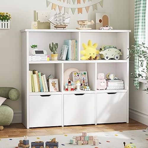 Teckid Kids Bookshelf and Toy Storage, Toy Organizer with 3 Movable Drawers and 5 Open Cubbies, Toy Storage with Hidden Wheels, Kids Toy Storage Organizer for Playroom, White