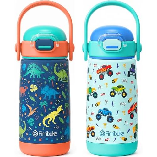 Fimibuke Kids Insulated Water Bottle with Straw Lid & Handle - 14oz BPA FREE 18/8 Stainless Steel Metal Tumbler Leak Proof Double Wall Vacuum Kids Cup Toddler Water Bottle for School Boys Girls