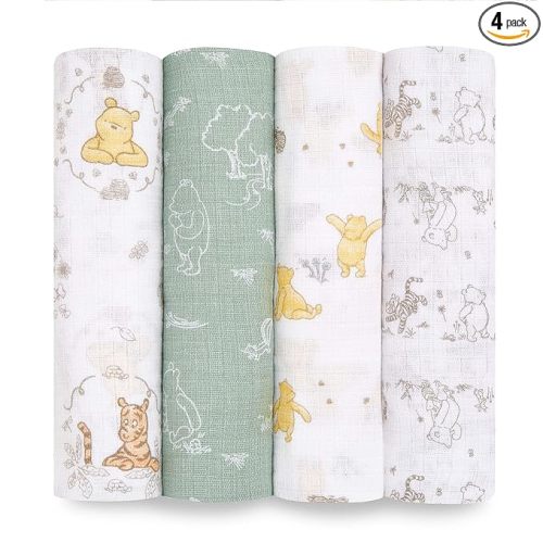 aden + anais Essentials Disney Muslin Swaddle Blankets for Baby Girls and Boys, Newborn Receiving Blanket for Swaddling, 100% Cotton Baby Swaddle Wrap, 4 Pack, Winnie + Friends