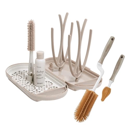 MOTHER-K Travel Baby Bottle Drying Rack Set (Cream Mocha) + Silicone Bottle & Nipple Brush Set