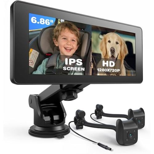 Baby Car Camera Monitor | 5" 1080P IPS Suction Cup Screen - 360° Rotation IR Night Vision 3X Zoom - USB Powered Headrest Mount for Baby Car Cam