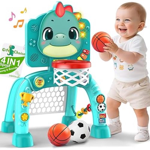 Dinosaur Kids Sports Play Toy: 4-in-1 Multifunction Indoor Outdoor Activity – Basketball Toss, Ring Throw, Ball Play & Music Lights to Improve Motor Skills, Birthday Gift for Boys Girls Age 1-3