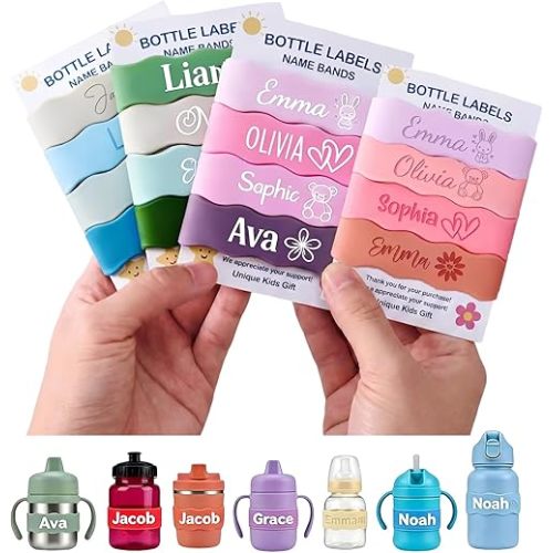 4 Piece Personalized Water Bottle Labels Custom Name Labels for Daycare, Reusable Water Bottle Bands for Kids, Baby Bottles & Tumblers