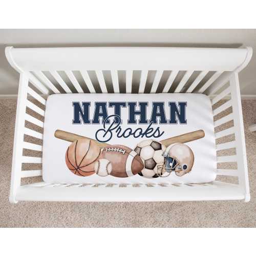 (Cooper John) Sports Crib Sheet, Personalized Baby Boy Crib Bedding, Name Crib Sheets, Sports Nursery Bedding, Sports Baby Bedding Set, Baby Boy Bedding