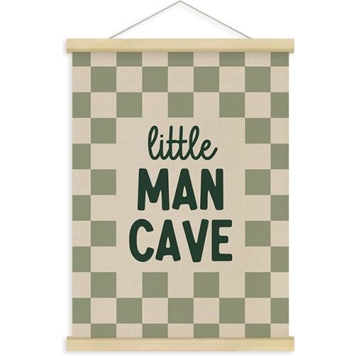 Fewgb Little Man Cave Wall Art Decor for Boys Nursery, Toddler Baby Boys Kids Room Playroom Bedroom Hanging Poster Framed with Hanger, Sage Green Checkered Picture Prints Banner Sign 12x16
