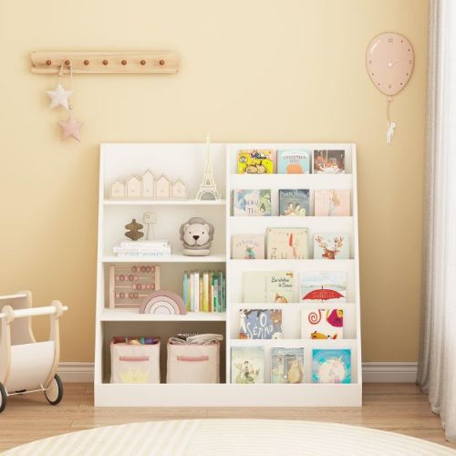 JVNOXK Children's Toy Storage Organizer, Multi-Functional Four-Tier Wooden Bookshelf for Kids, Suitable for Children's Rooms and Playrooms, White