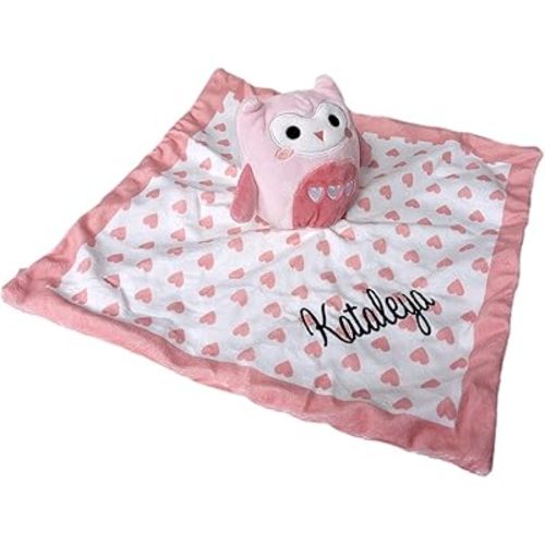 SONA G DESIGNS Baby Lovey Custom Personalized with Name Plush Security Blanket - Narwhale - Elephant - Owl for Infants Babies Toddlers Newborns (Pink Owl with Embroidered Name)