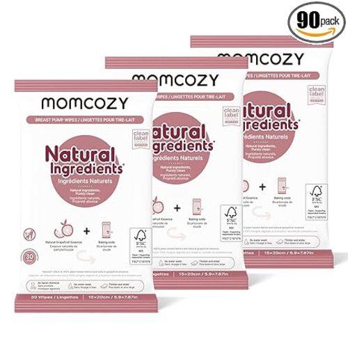 Momcozy Natural Breast Pump Wipes for Pump Parts Cleaning On-the-go, 30 Count (Pack of 3), Flash Clean & Resealable Pump Wipes