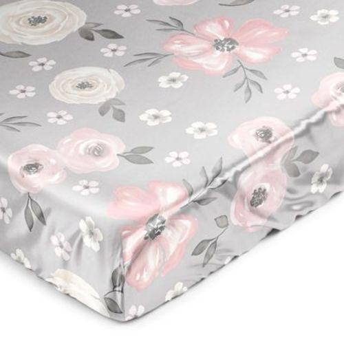 Sweet Jojo Designs Girl Satin Fitted Crib Sheet Watercolor Floral Grey Pink and White
