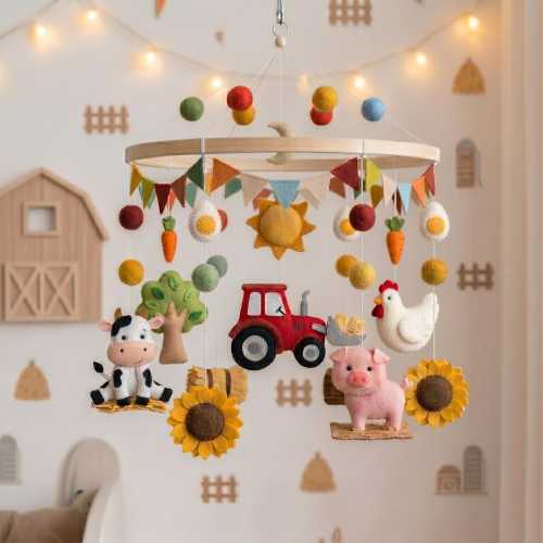 Personalized Farm Tractor Baby Mobile, Custom Barnyard Nursery Bedroom Decor, Felt Cow Pig Chicken Crib Toy, Sunflower Newborn Gift Shower